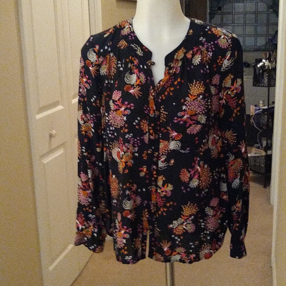 Conversations by Anthropologie black bird & floral print blouse size 4